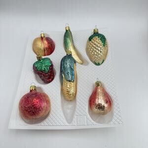 7 Vtg Sugar Frosted Glass Faux Fruit Christmas Peach Pear Apple Ornaments EUC